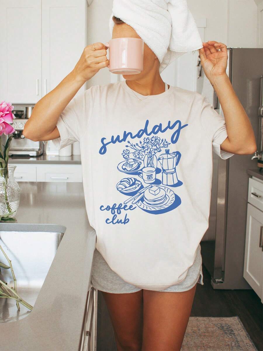 New 2026 Collection: Cotton T-Shirt, Casual Graphic Print T-Shirt, Drop Shoulders, Short Sleeves, Round Neck, Casual Spring And Summer Top, Women's Clothing, 100% Cotton, Durable - 奶油 - 查看 1