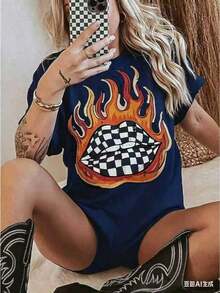 Western Style Plaid Lip Print T-Shirt, Oversized Graphic Tee For Country Concerts, Western Clothing, Retro Country T-Shirt, Funny Graphic Tees For Men And Women, Casual Crew Neck Loose Fit T-Shirts, Casual Short Sleeve T-Shirts For Men And Women. - 藏蓝色 - 查看 1