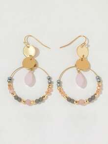 1 Pair Crystal Beaded Round Earrings (Bead Color Randomly Gradient) - Pink-e043 - View 3