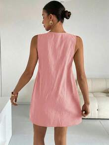Vestido corto casual y sencillo sin mangas con lazo frontal de unicolor para mujer - Rosa Pálido - Ver 2