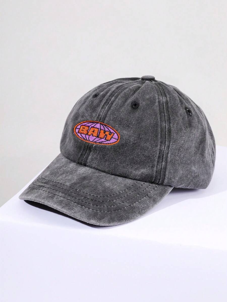 1 pieza Gorra de béisbol ajustable con patrón bordado, adecuada para protección solar al aire libre en primavera/verano, playa, viaje - Negro - Lavado - Ver 1