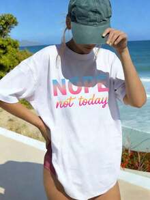 ropa de mujer Camiseta de manga corta con cuello redondo, estilo casual, holgada, con estampado de eslogan simple, nueva colección de verano para mujer, top moderno para el día a día, adecuada para uso diario y de vacaciones.Camiseta de mujer.Negro - Blanco 2 - Ver 6