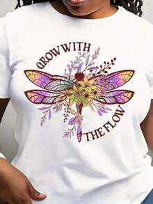 Elegant Women's T-Shirt With Butterfly Print - Soft, Round Neck, Short Sleeve, Machine Washable - White With Sparkling Dragonfly Design, Suitable For Casual And Leisure Wear, Letter Print T-Shirt, Short Sleeve T-Shirt, Letter Print T-Shirt, Regular Round Neck. Maija, Elegant Short-Sleeved Blouse For Women. - 白色 - 查看 7