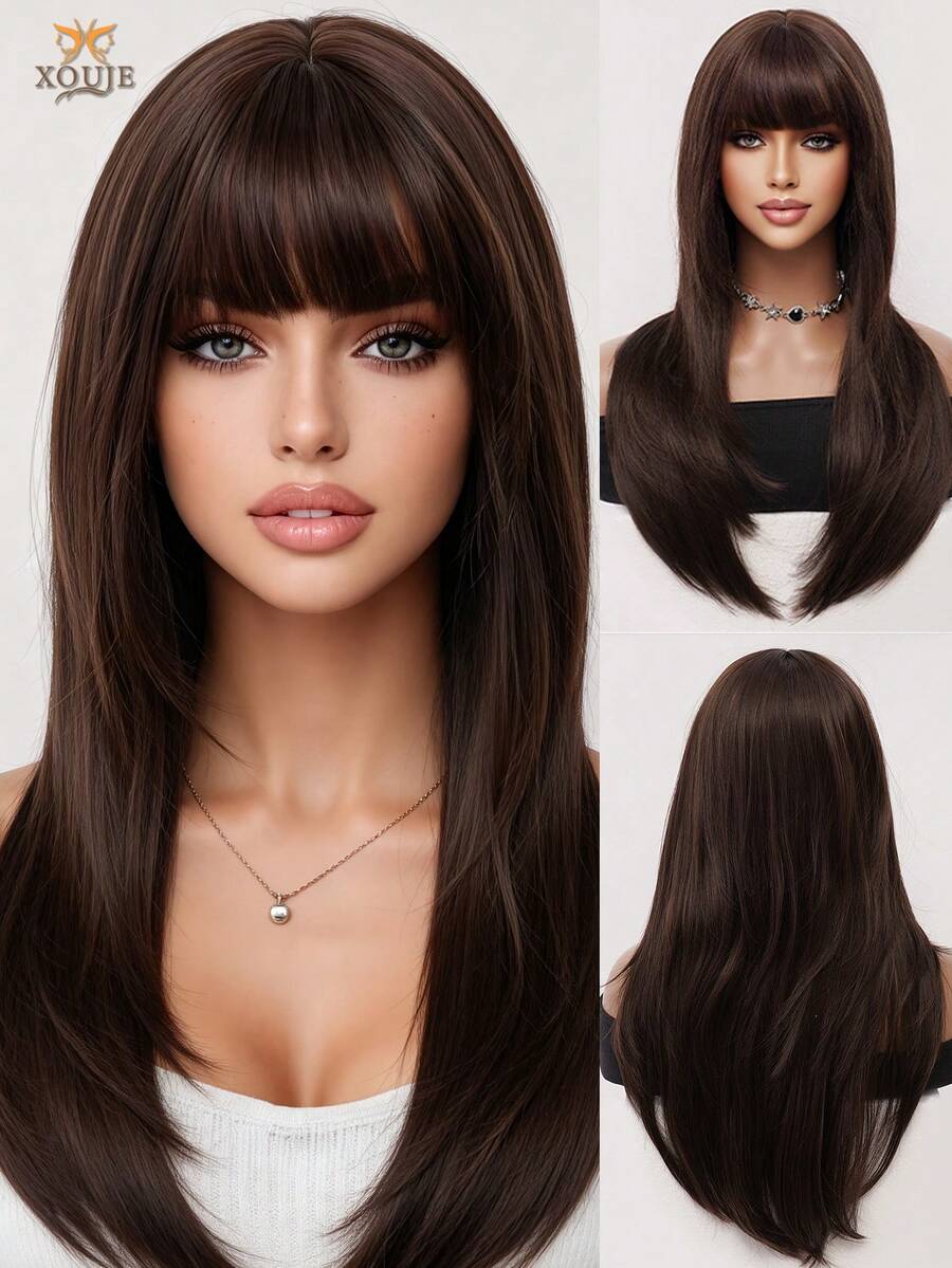 XOUJE 26 Inch Chocolate Brown Long Straight Wig With Bangs - Natural Looking Heat Resistant Synthetic Hair - Daily Wear, Party & Cosplay Fashion For Women