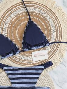 Bộ bikini 3 món nữ phong cách gợi cảm lãng mạn dễ thương ngọt ngào 2026 mới, vải vân sọc tương phản cho mùa hè - màu xanh hải quân, xanh lam nhạt - Xem 5