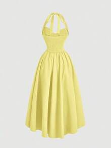 Vestido de mujer con cuello halter, fruncido y lazo, vestido de para mujeres, atuendo de Año Nuevo, vestido de baile deáscaras, atuendo de cumpleaños de mujer, vestido, vestido con lazo, vestido de princesa para Año Nuevo - Amarillo - Ver 2