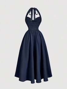 Vestido de mujer con cuello halter, fruncido y lazo, color azul marino, conjunto de ropa para fiestas, atuendo de Año Nuevo, vestido de baile deáscaras, conjunto de ropa de cumpleaños para mujer, vestido azul marino, vestido con lazo, vestido de princesa para Año Nuevo - Caqui 2 - Ver 6