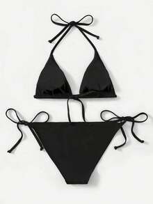 Women's Simple Solid Color Swim Bikini With A Halter Neck And Cutout, Suitable For Beach Vacations And Summer. - Black - View 2