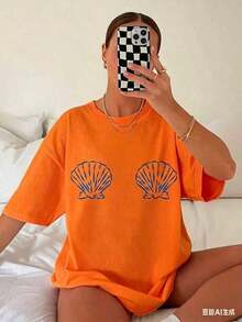 Camisetas Gráficas para Mujer con Estampado de Conchas Tropicales - Camiseta Casual de Alta Elasticidad con Cuello Redondo y Manga Corta, Lavable a Máquina, Blanca y Azul, Ropa de Playa de Verano, Ajuste Cómodo para Todas las Temporadas, Tela Transpirable, Diseño Simple, Camisetas para Mujer, Ropa de Vacaciones para Mujer, 100% Algodón, Camiseta Casual de Algodón para Mujer, Suave y Transpirable para Uso Diario. - Naranja - Ver 9