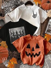 T-Shirt Set Pack. Single Garment, Not A 3-Piece Set. 1 Piece/Set Of Short-Sleeved T-Shirts Suitable For Streetwear. Oversized Round Neck Top For Daily Outings, Camping, Concerts, Hip-Hop, Rock, And Rap Events. Halloween, Spooky Day, Ghost, Skeleton, Pumpkin, Hand, Skeleton, Witch. Casual Women's Solid Color, Round Neck, Short Sleeve, Versatile - 白色 - 查看 7