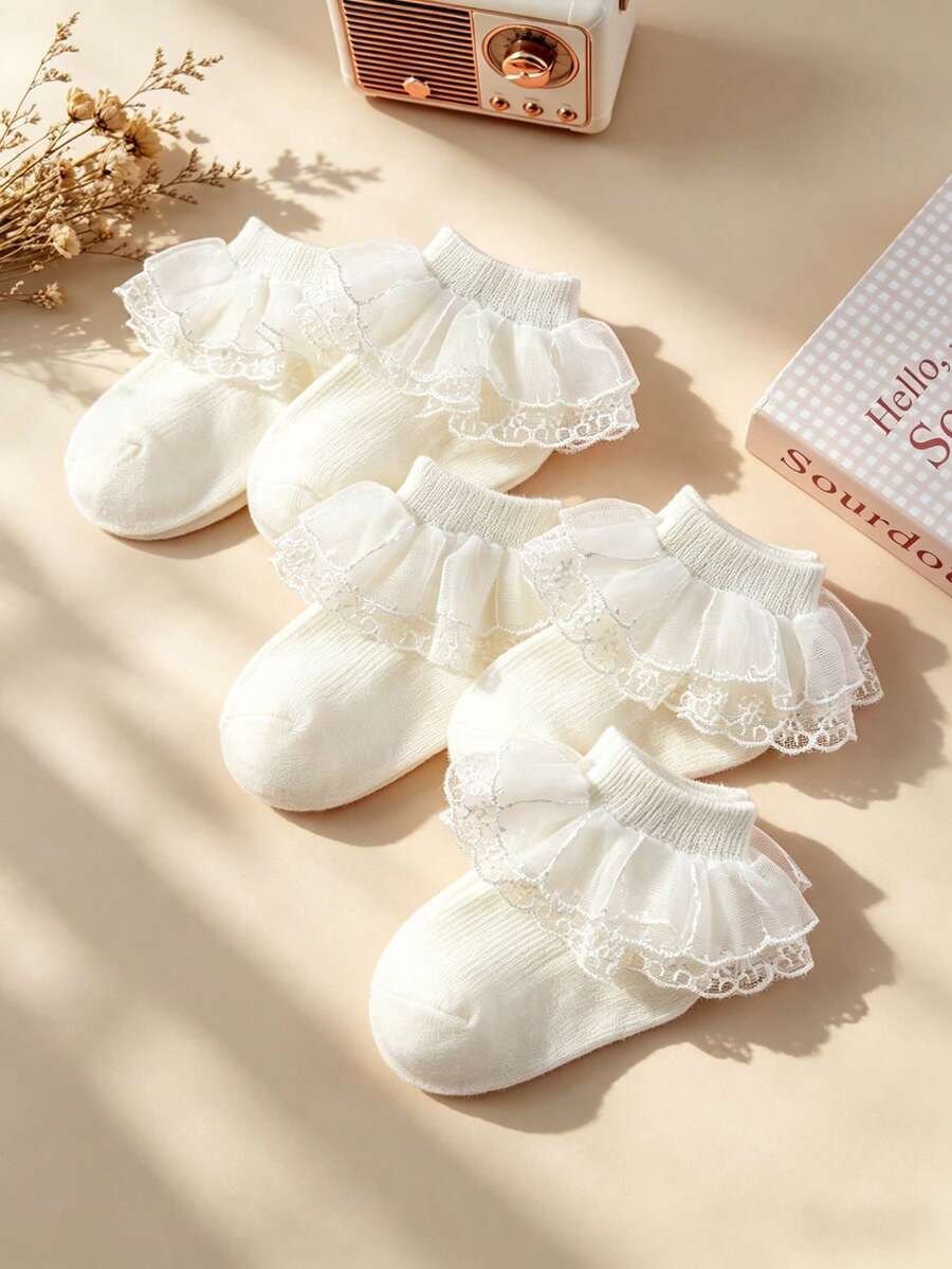 1/5双装 女童轻便休闲荷叶边蕾丝网眼袜，透气公主风舞蹈袜，适合日常穿着、派对、返校季 - 米色 - 查看 1