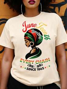 Women's Juneteenth Graphic T-Shirt - "Break Every Chain Since 1865" Design, Vibrant Geometric Print Short Sleeve Top, 100% Cotton Regular Fit For Spring Summer & Year-Round Wear - Ideal Juneteenth Gift For Friends & Family, Ladies T Shirts Loose Fit Washed Short Sleeve T-Shirt, Street Style, Unisex, For Spring/Summer/Autumn,Valentines Day Outfit,Summer Outfits - 杏色 - 查看 5