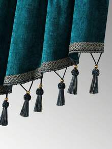 1pc Peacock Blue Curtain, Vintage Chenille V-Shaped Tassel Valance, Suitable For Window And Door Decor - Peacock Blue-v - View 9