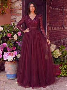Faeriesty Elegant V-Neck Long Sleeve Formal Evening Gown - Suitable For Dinner Party, Wedding Guest Attire, Bridal Portrait, Red Carpet Event, Luxury Gala - Burgundy - View 4