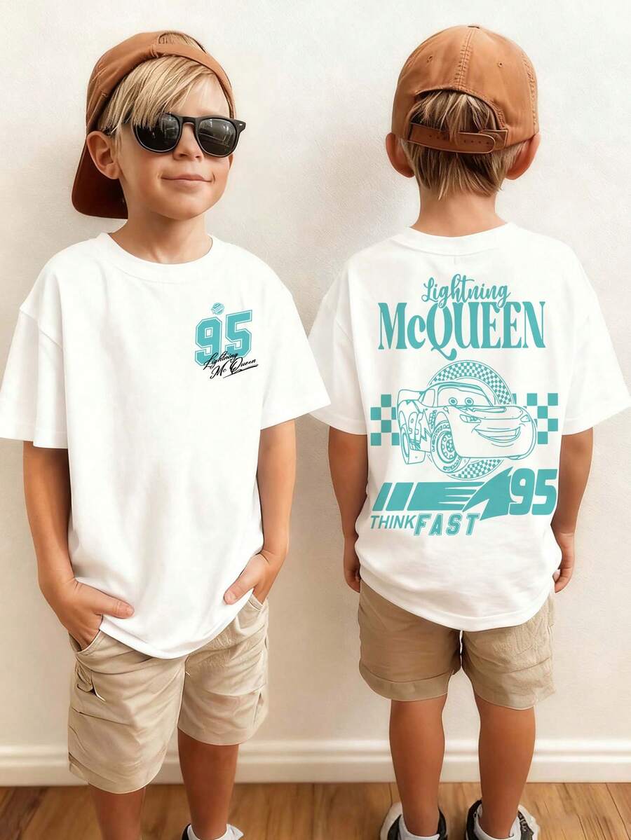 Disney Cars Lightning McQueen Kids' Tee, No.95 Double-Sided Print Retro Kids' Wear - 白色 - 查看 1