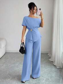 Elenzya Elegante y urbano conjunto de primavera/verano para mujer con pantalón ancho de una sola manga con hebilla metálica en la cintura, adecuado para uso diario, bodas, galas, ir al trabajo, fiestas de graduación, vacaciones, citas, fiestas, Halloween, Navidad, Año Nuevo, Acción de Gracias, bodas - Celeste - Ver 3