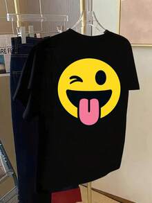 Smiling And Playful Face Print T-Shirt, Short Sleeve, Crew Neck, Casual Top For Spring And Summer, Women's Summer Clothing. - Black - View 2