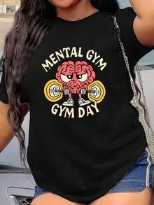 Camiseta holgada de mujer con letras gráficas, cuello redondo, estilo casual - Negro - Ver 7