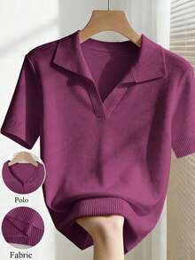 New 2026 Collection: Women's Solid Color Fitted Knit Blouse, Spring/Summer, White, Simple, Casual, With Roll Neck And Raglan Short Sleeves. Solid Color Blouses, Pink Blouses, Baby Pink Blouses. - 中紫紅色 - 查看 7