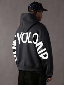Camvyn Sudadera con capucha de manga larga con bolsillo y cordón para hombre, con estampado de letras, casual para otoño/invierno - Gris Oscuro - Ver 1