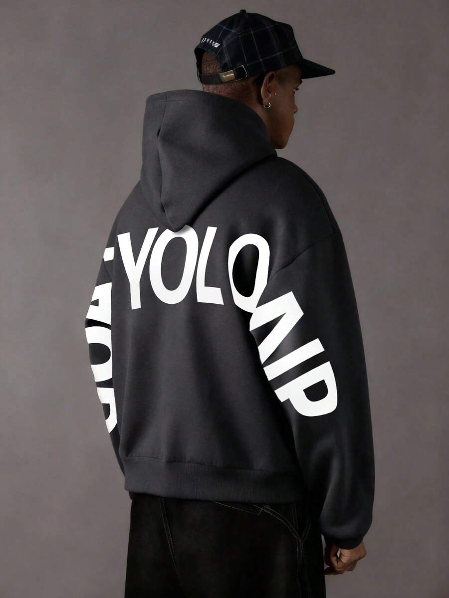 Camvyn Sudadera con capucha de manga larga con bolsillo y cordón para hombre, con estampado de letras, casual para otoño/invierno - Gris Oscuro - Ver 1