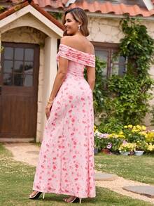 PARTHEA Vestido largo elegante de mujer con malla floral, hombros descubiertos, pliegue, fruncido, silueta sirena, vestido de noche largo para invitada de boda - Rosa - Ver 2