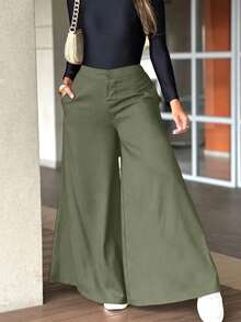 Pantalones anchos y sueltos de unicolor y casual para mujer, elegantes y minimalistas - Azul marino - Ver 11