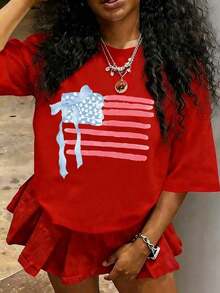 1 Pack Of Printed Short Sleeve Crew Neck T-Shirts For Girls, Casual Summer Clothes For Students And Young People - Unisex Urban Vintage Style, Loose Fit Cotton Crew Neck Short Sleeve T-Shirt - 紅色 - 查看 2
