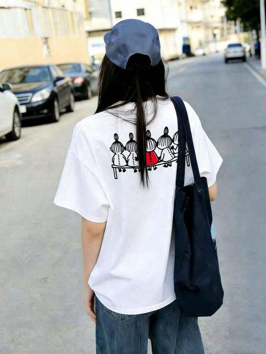 Women's Casual Cotton T-Shirt, Short Sleeve And Round Neck, With A Cute Print On The Back, Perfect For Everyday Wear, Regular Length, With Moderately Elastic Fabric, Cute And Casual Style. - 白色的 - 查看 1