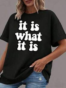 1 pieza de camiseta de manga corta con estampado de letras para mujer, moderna y casual, adecuada para uso diario, fiestas, escuela, asistir a festivales de música, vacaciones, y para ir al trabajo. Puede ser regalado a familiares, novios, novias, amigos, niñas. Ropa de verano negra de 180g 100% algodón, los diseños están completamente impresos. Unisexo. - Negro - Ver 1