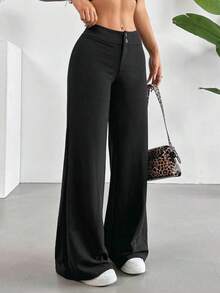 Pantalones de cintura alta sólidos con pierna recta y acampanada - Negro - Ver 1