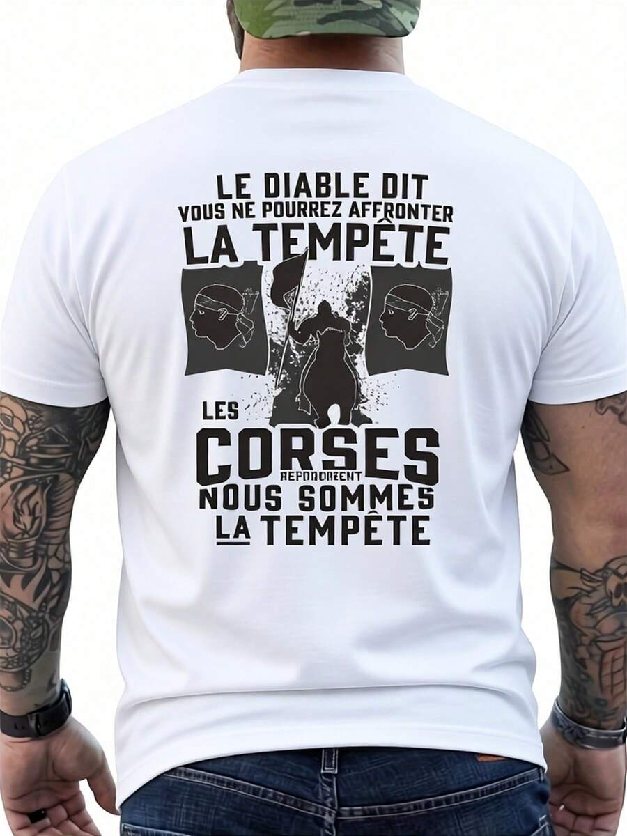 Corsica Storm Men's T-Shirt, Exclusive Limited Edition, Black - French Pirate Print On The Back With Corsican Cultural Design And Historical Phrase, Soft And Breathable, Casual Crew Neck T-Shirt For Everyday Wear, For All Seasons, Loose And Comfortable For Summer. - White - View 1