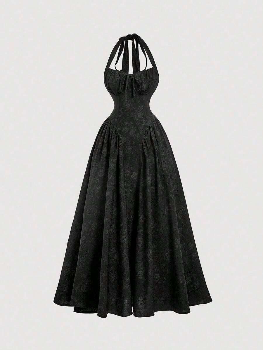 Vestido de mujer elegante y vintage con lunares, con adorno de encaje y espalda abierta, cuello halter.para volver al colegio, conciertos en el campo, homecoming, estilo bohemio, para maestras, vestidos de cumpleaños para mujeres, vestidos de invitada de boda, atuendos para brunch, vestido de lunares, vestido retro, vestido de los años 50, vestidos de lunares para mujeres - Negro - Ver 1