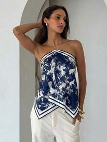 Blusa de mujer elegante con cuello de halter, estampado de tinte anudado y gasa para vacaciones en la playa - Azul marino - Ver 4