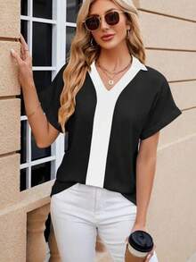 Women's Short-Sleeved V-Neck Blouse With Front Stripe Detail, 31814 - Black - View 4