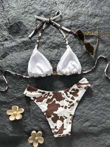 Conjunto de bikini de 2 piezas con tirantes finos, cuello halter, base negra, lunares blancos y estampado aleatorio dulce y lindo con corte alto en los laterales para mujer, primavera/verano 2026 - Multicolor - Ver 2