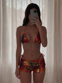 Costavie Conjunto de traje de baño de 3 piezas para mujer con pantalón ancho plisado, estampado de tonos de la tierra multicolor con efecto tie-dye, corte alto con cordones, para vacaciones en la playa, fiesta, tarde de té o crucero. Incluye bikini de 2 piezas sexy para vacaciones en la playa. - Multicolor 7 - Ver 9
