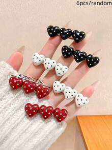 6/12pcs/Set Black Red White Heart Polka Dot Hair Clips, Sweet Hair Accessories - Suitable For Girls And Women Daily Wear - Multicolor - View 18