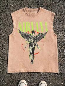 MensCasualCrewNeckSleevelessWashedVestMadeOf100%CottonPerfectForSummerVacationsFeaturesAStylishPrintAndY2KStreetStyleAnExcellentGiftForBoyfriendsAndHu - 咖啡棕 - 查看 1