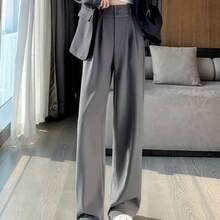 Pantalones de pierna ancha elegantes para mujer, pantalones holgados negros de cintura alta de estilo coreano, pantalones de traje holgados a la moda para oficina, ropa de calle - Gris - Ver 5