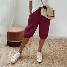 Pantalones cortos a rayas de contraste para mujer, pantalones hasta la rodilla con bolsillos, cintura elástica, cordón, transpirables, sueltos - Vino - Ver 5
