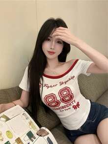 復古時尚撞色不對稱肩貼身短袖T恤，女款字母印花短版上衣 白色夏季 - 白色 - 查看 5