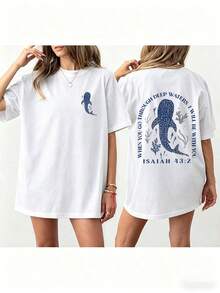 Women Loose Fit Round Neck Whale Slogan Contrast Color Graphic T-ShirtPrinted Round Neck Short Sleeve Women's Tee - Daily Casual, Sports & Fitness, Al - White 1 - 查看 1