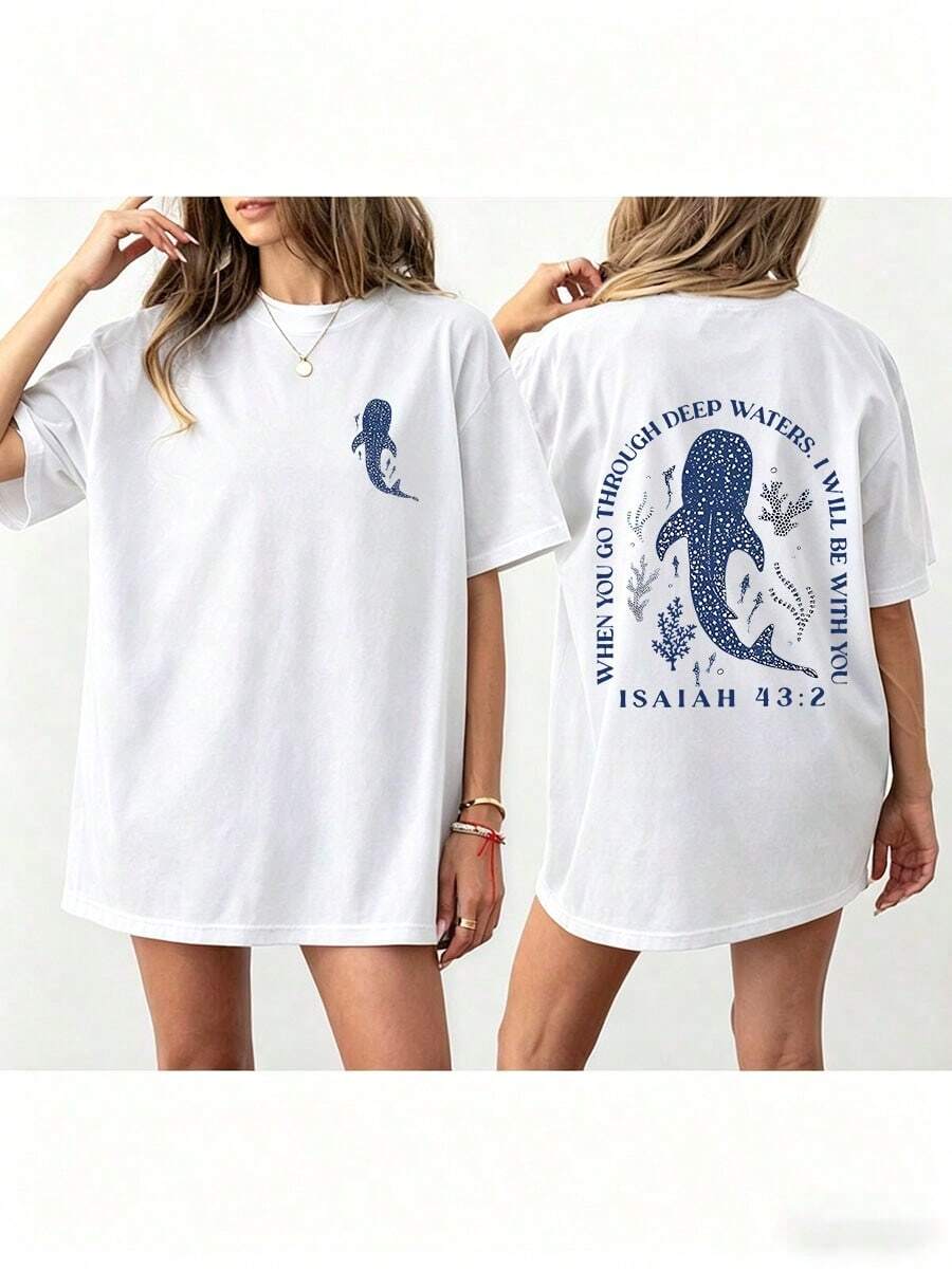 Women Loose Fit Round Neck Whale Slogan Contrast Color Graphic T-ShirtPrinted Round Neck Short Sleeve Women's Tee - Daily Casual, Sports & Fitness, Al - White 1 - 查看 1