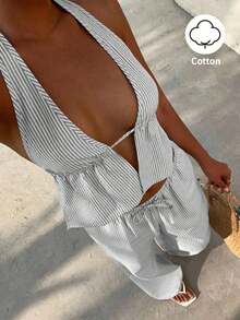 SunnyBelle 2 piezas Conjunto de mujer con rayas azules y blancas: Top halter sin espalda de cuello en V profundo de algodón y pantalones anchos de cintura alta con cordón, look casual de moda para vacaciones y uso diario, primavera/verano - Gris - Ver 1