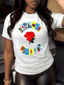 Camiseta con estampado gráfico de rosas Loteria, ilustración, camiseta casual de cuello redondo para mujer, estilo vintage de ropa urbana, diseño de cartas de bingo mexicano, envío gratis. - Blanco - Ver 1