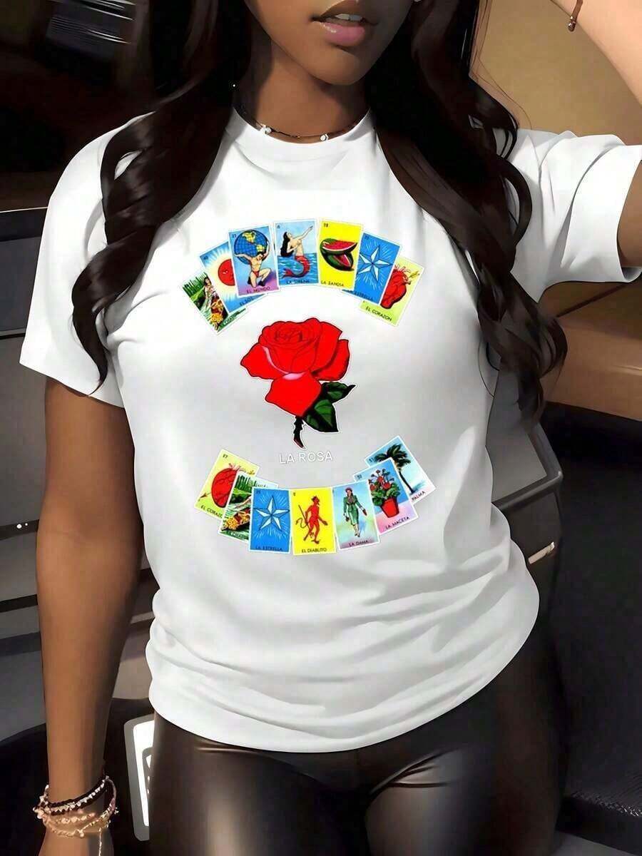 Camiseta con estampado gráfico de rosas Loteria, ilustración, camiseta casual de cuello redondo para mujer, estilo vintage de ropa urbana, diseño de cartas de bingo mexicano, envío gratis. - Blanco - Ver 1