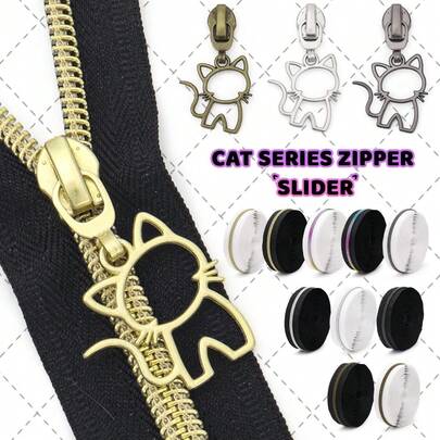 Cute Cat Zipper Sliders With 5# Black White Zipper, 5 Optional Teeth Colors, Universal Replacement For Luggage Cushion Craft Making