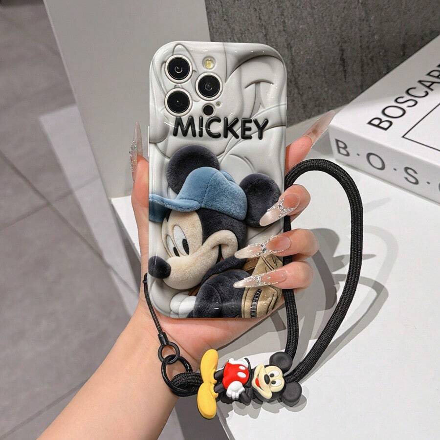 Disney Mickey Mouse Clubhouse Phone Case : 3D Fluffy Pattern Border Protector Phone Soft Phone Case With A Free Cute Mickey Bracelet Chain Lanyard, Mickey, Minnie, Goofy, Donald Duck, Daisy Duck, Pluto, For Apple 17 Promax 17 Pro 16 15 14 13 12 11 Pro Max XS Max X XR Soft Cover Summer Phone Case - 白色 - 查看 1