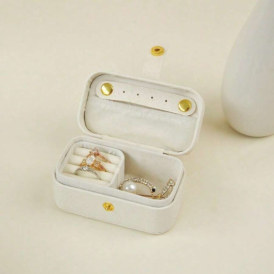 1pc White Jewelry Box, Portable Travel Organizer, Mini Storage Case With Snap Button, For Rings, Earrings & Necklaces - 閃光白;9.5cm*5cm*5cm - 查看 1